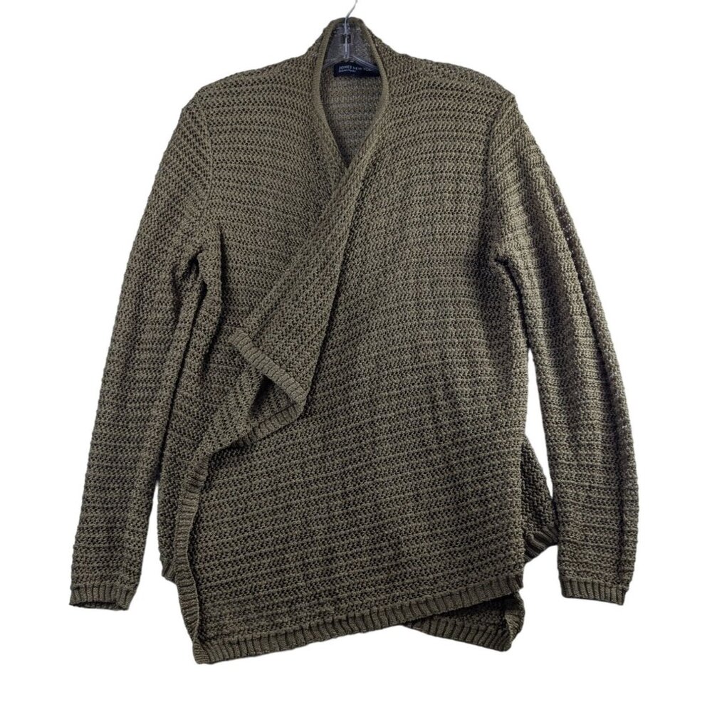 Jones New York Signature Womens Large Open Knit Cardigan Sweater Gold Open Front